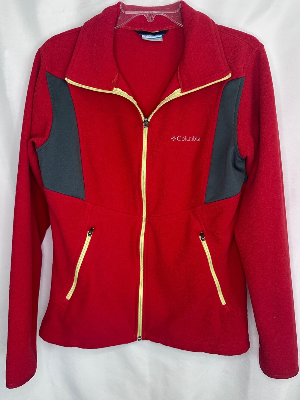 Columbia Red Fleece Jacket with Gray Panels and Yellow Zippers